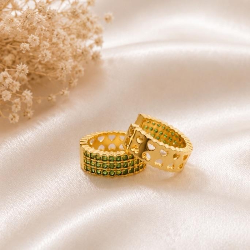 ARGOLA 3 FILEIRAS ZIRCONIA VERDE