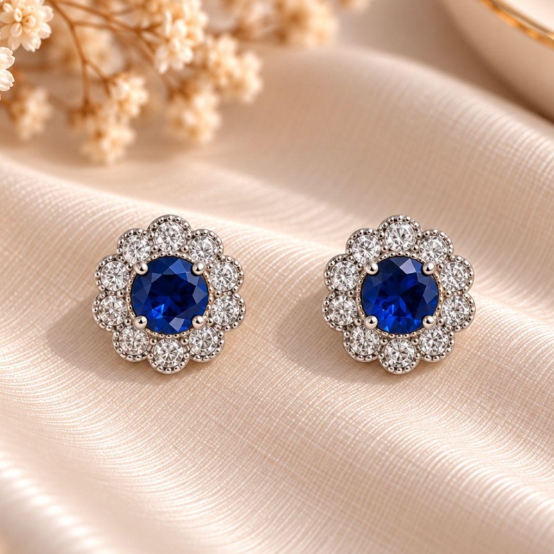 BRINCO FLOR DE ZIRCONIA COM MEIO AZUL