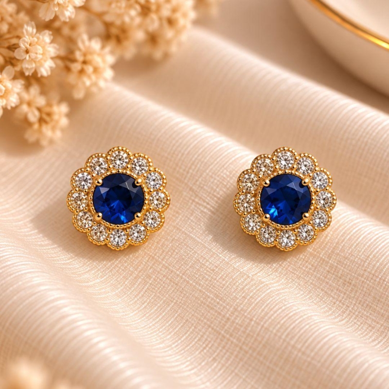 BRINCO FLOR DE ZIRCONIA COM MEIO AZUL