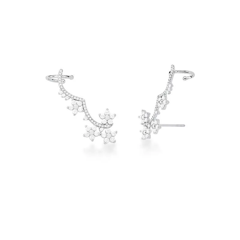 BRINCO EAR CUFF COM FLORES E ZIRCÔNIAS RODIO
