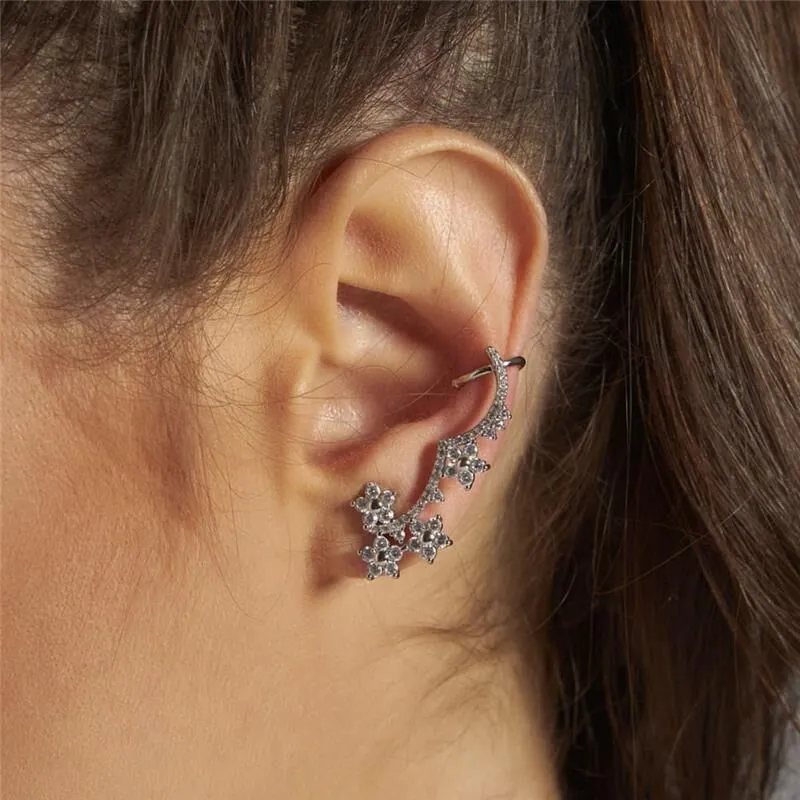 BRINCO EAR CUFF COM FLORES E ZIRCÔNIAS RODIO