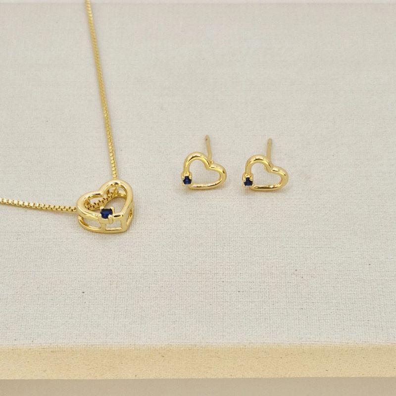 CONJUNO CORACAO COM PEDRA AZUL