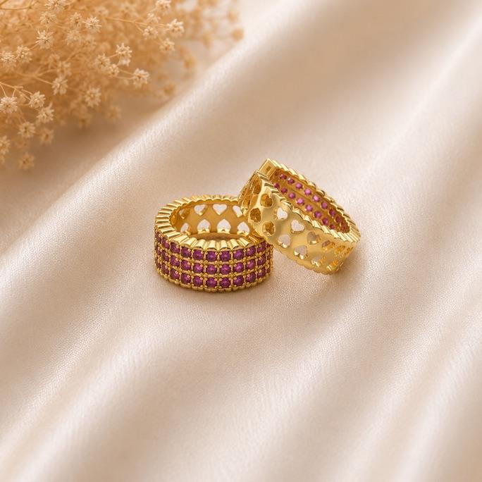 ARGOLA 3 FILEIRAS ZIRCONIA RUBI